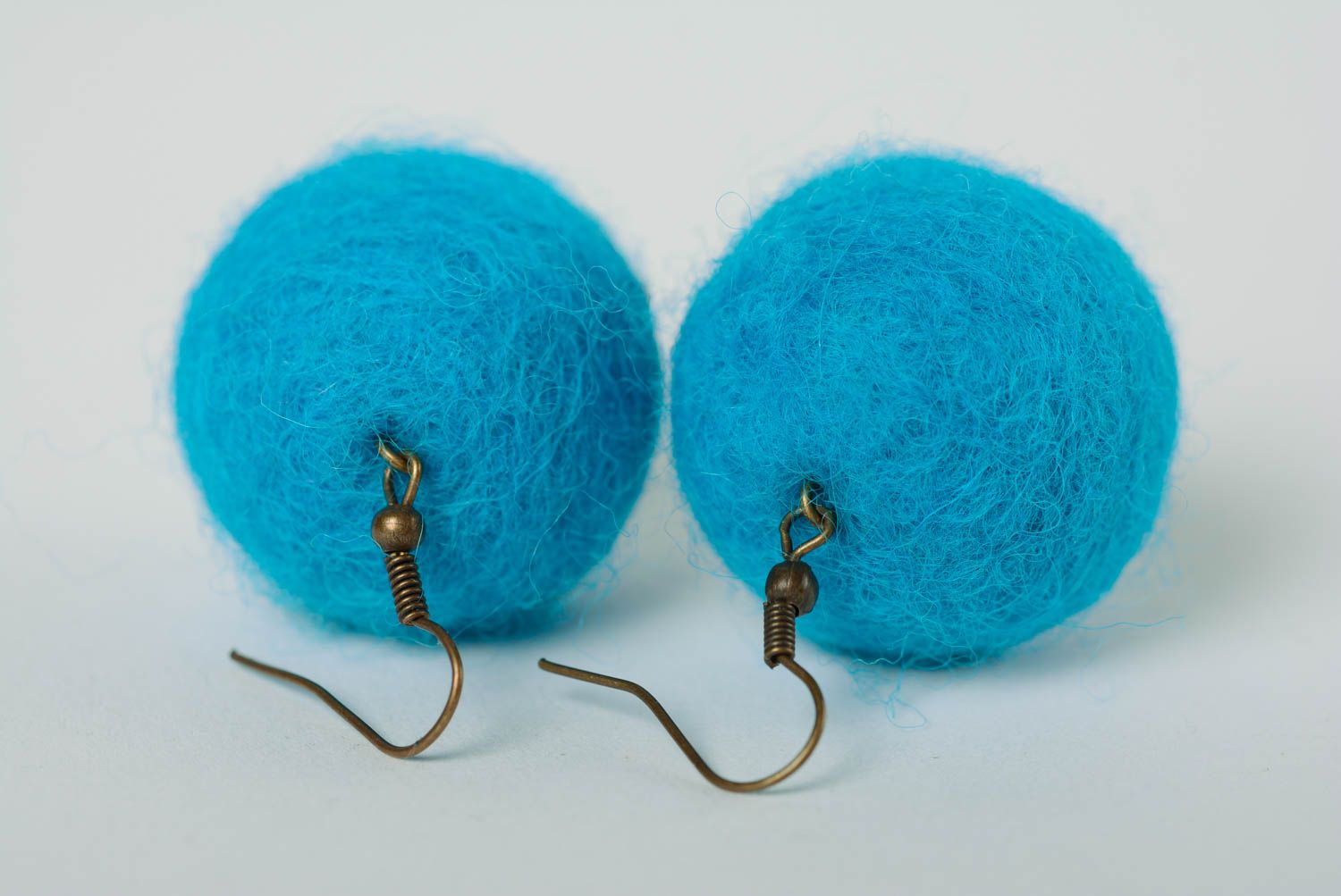 Handmade bright blue ball shaped dangling earrings felted of natural wool photo 5