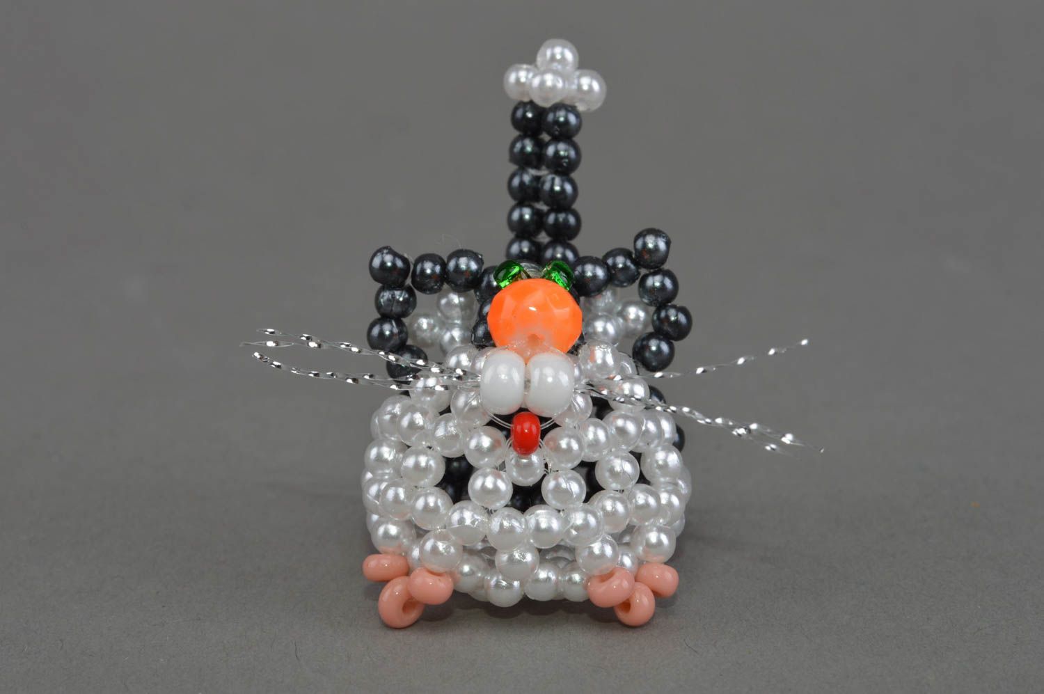 Small funny handmade beaded animal figurine of cat with orange nose for decor photo 4