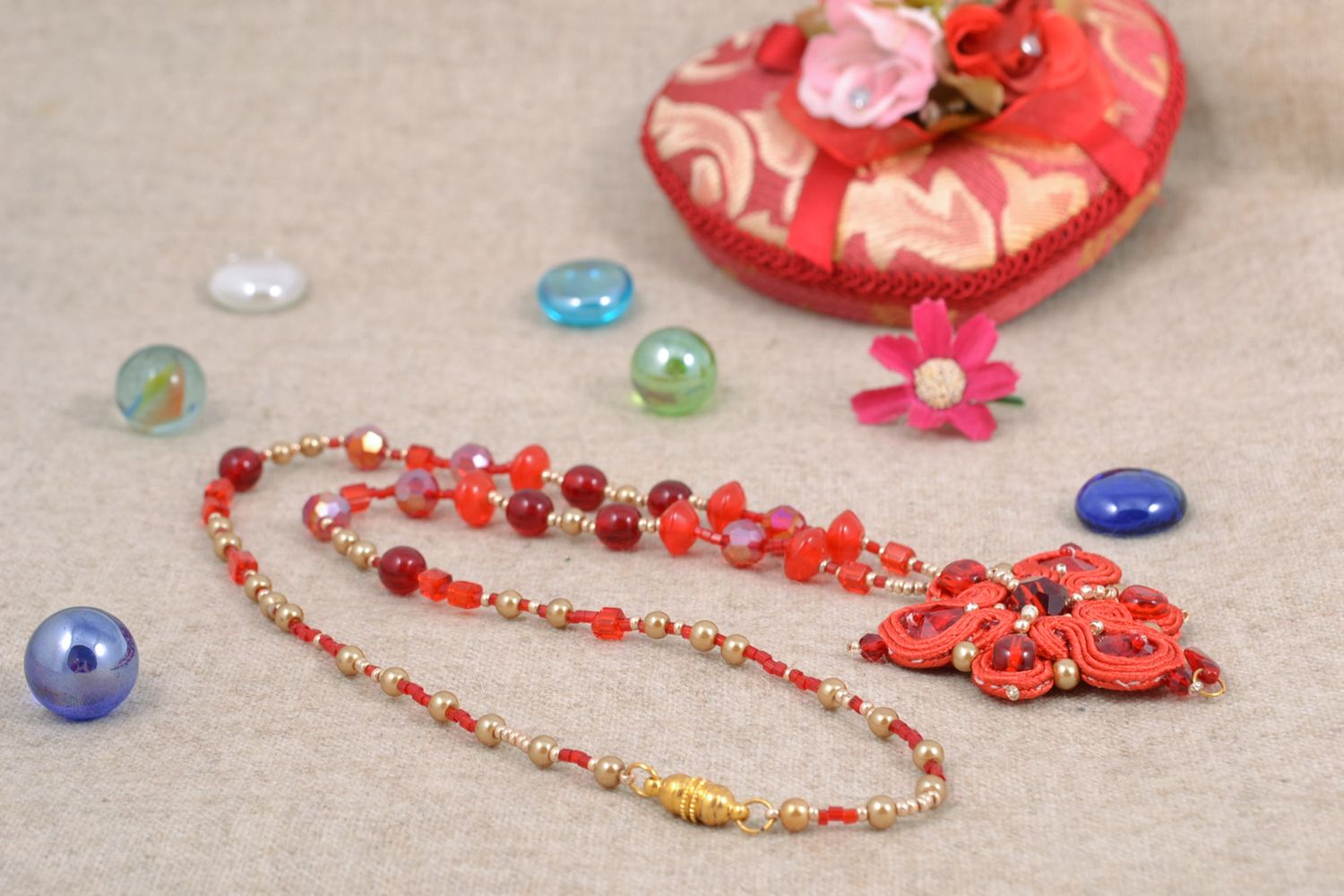 Handmade soutache necklace of red color photo 2
