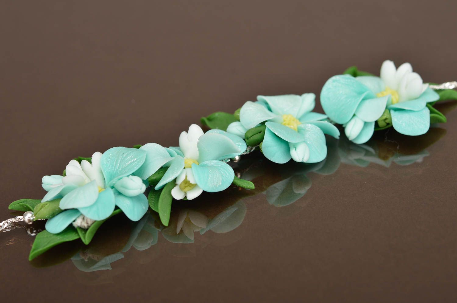 Handgemachte Blumen Collier aus Polymerton massiv an Kette Vergißmeinnicht foto 3