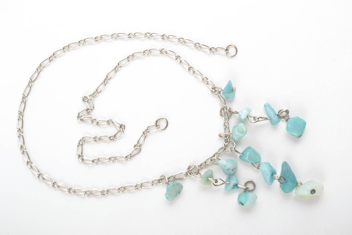 Handmade tender necklace with amazonite stones of turquoise color on metal chain photo 2