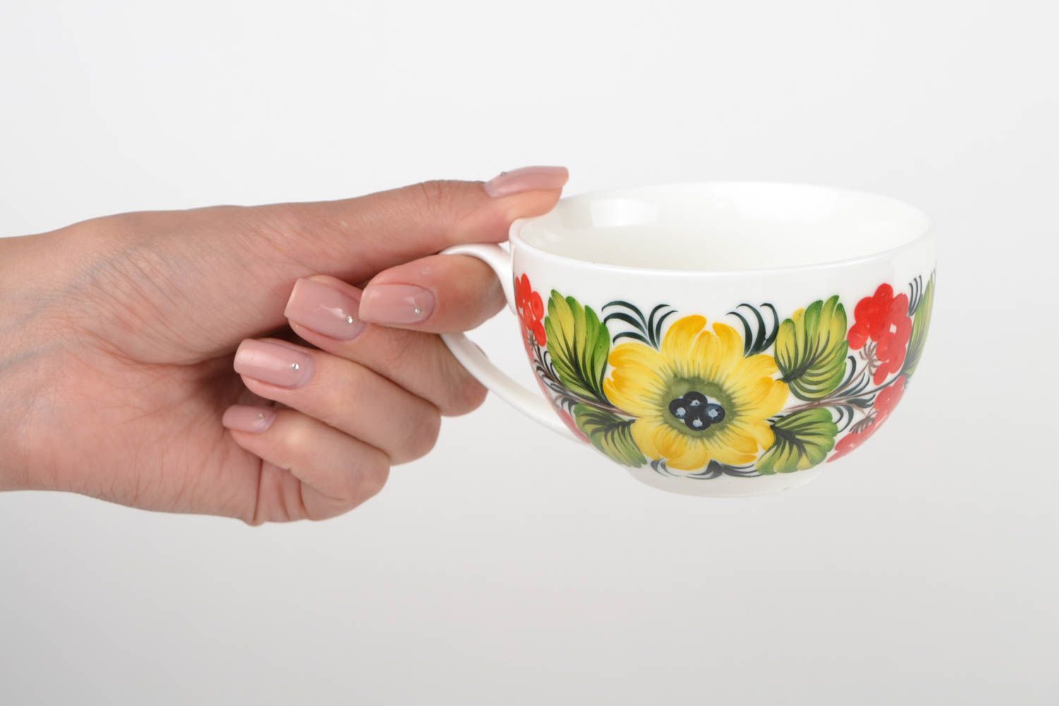 8,5 oz ceramic porcelain teacup with handle and floral design in Russian style 0,39 lb photo 2