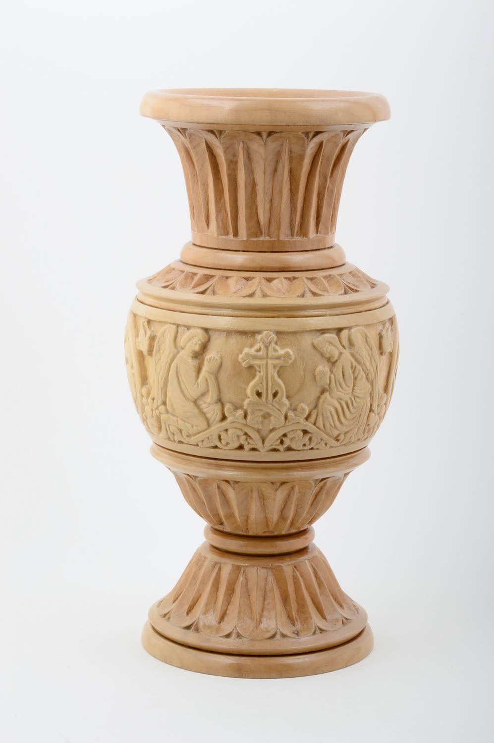 Vase bois clair fait main Déco maison ornementée sculptée Cadeau original photo 1