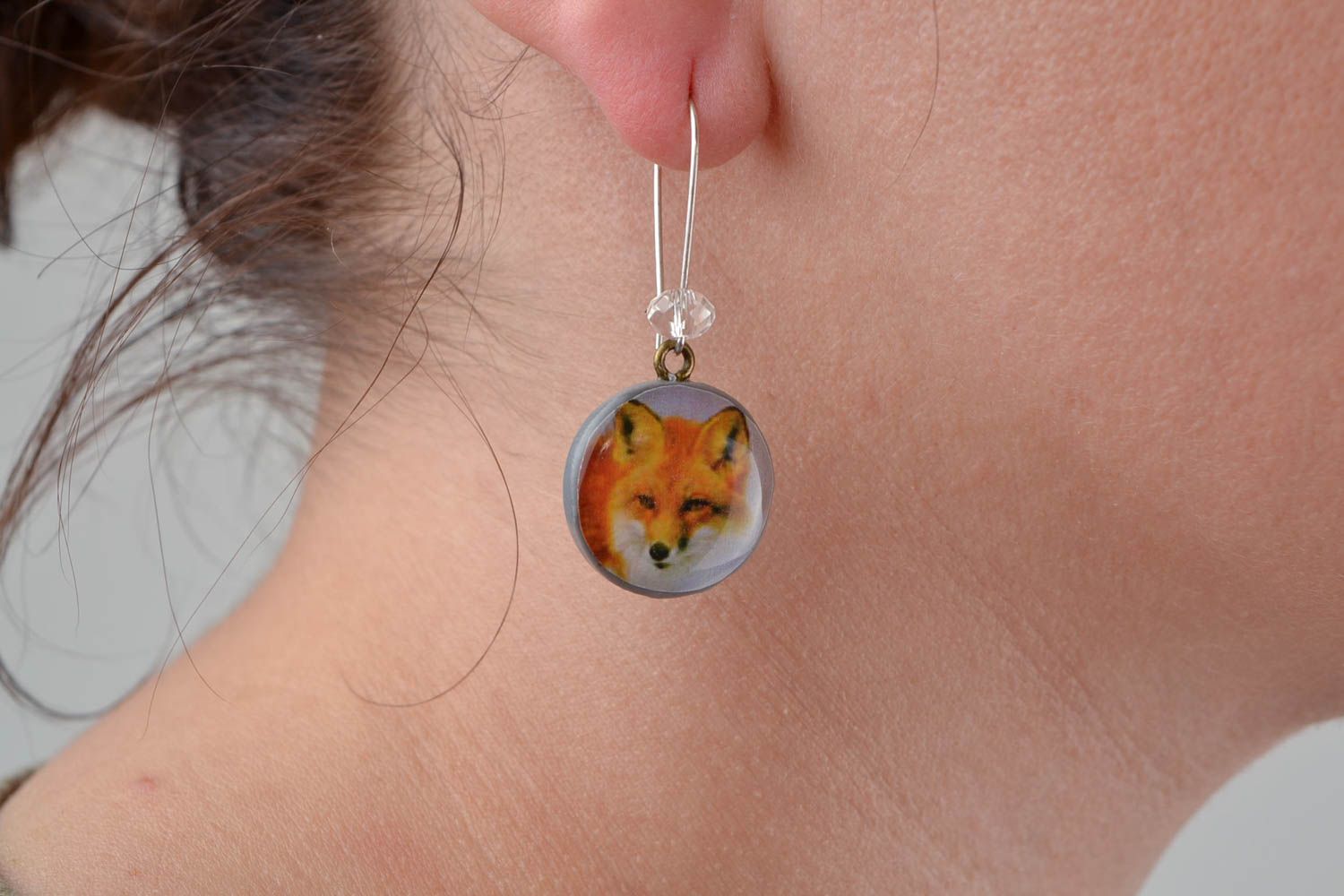 Beautiful stylish handmade designer polymer clay earrings with decoupage Fox photo 2