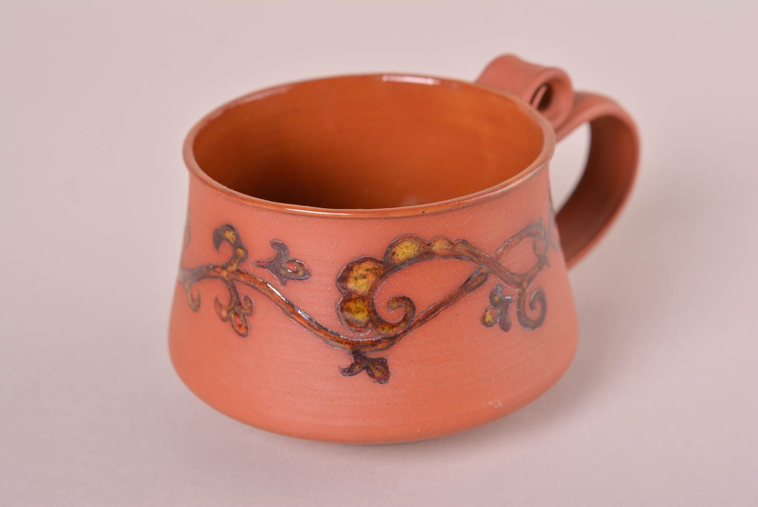 13 oz glazed flat terracotta color cup with handle and floral rustic pattern photo 1
