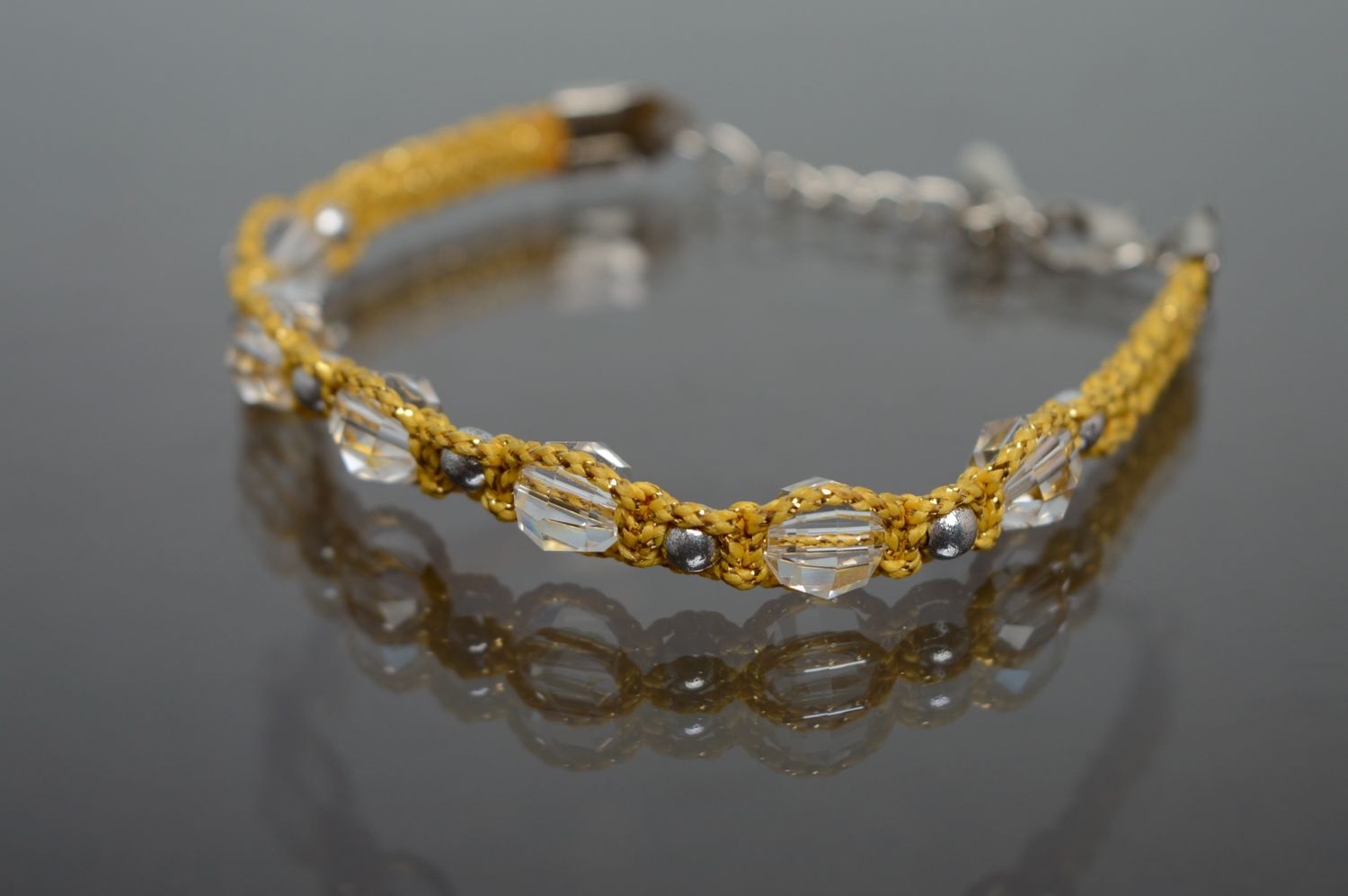 Bracelet en macramé de fil en coton ciré avec perles de cristal fleurs fait main photo 1