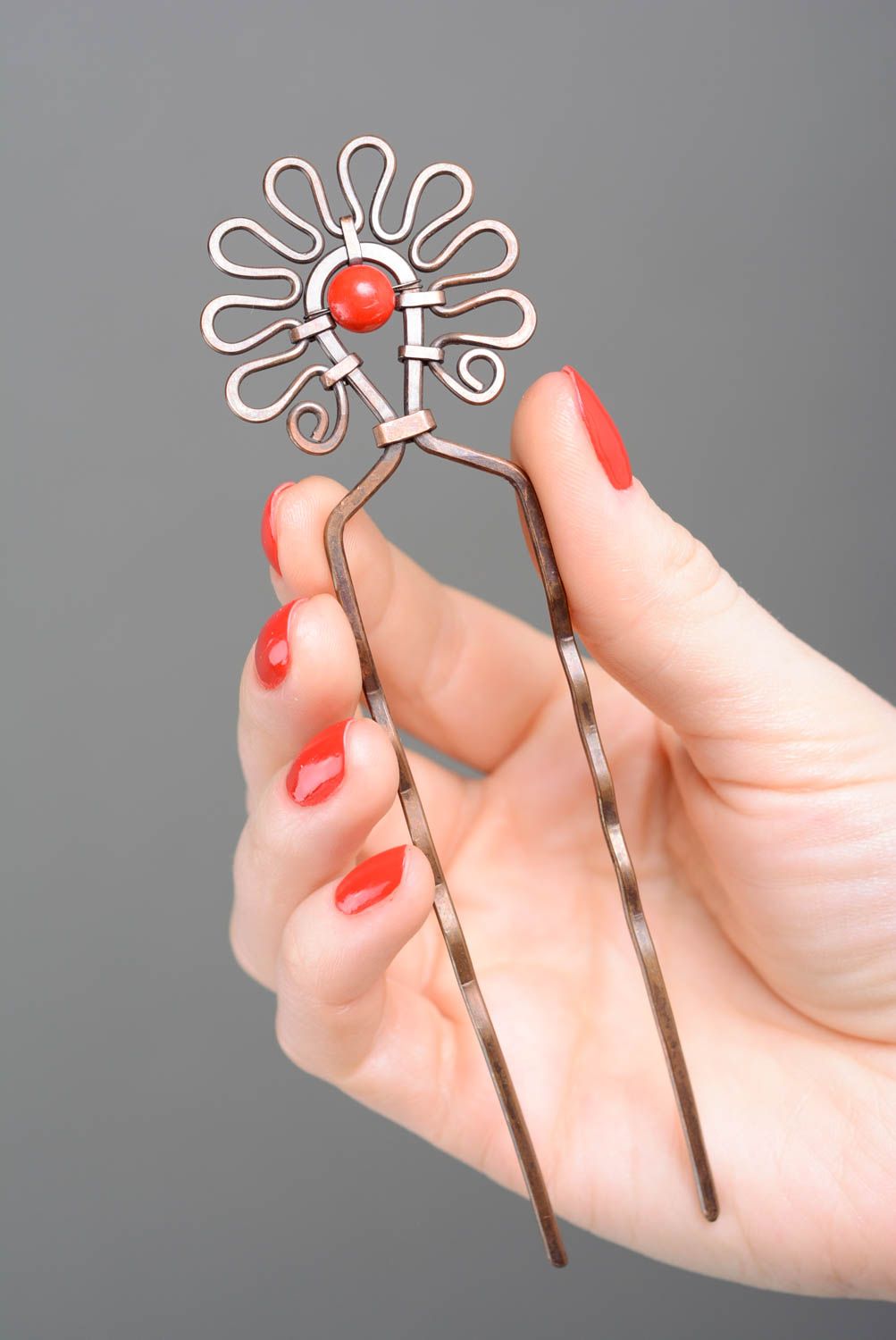 Handmade copper hairpin with red stone bead beautiful unusual hair accessories photo 3