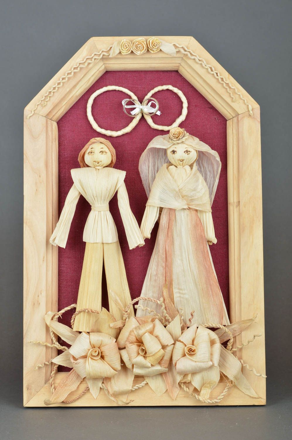 Cadre avec figurines en feuilles de maïs fait main cadeau original Mariage photo 2