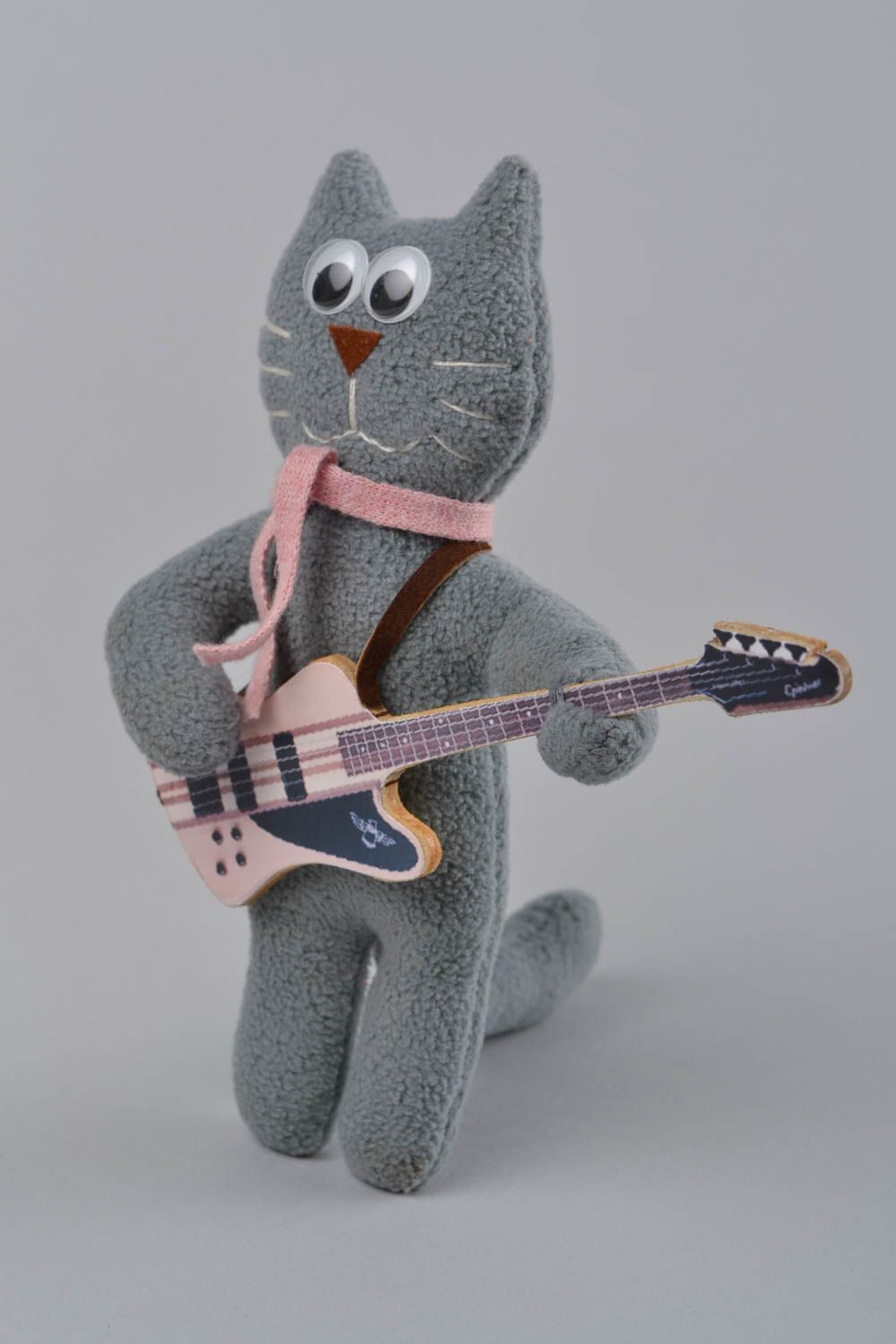 Handmade small designer soft toy sewn of gray fleece Cat with guitar for kids photo 1