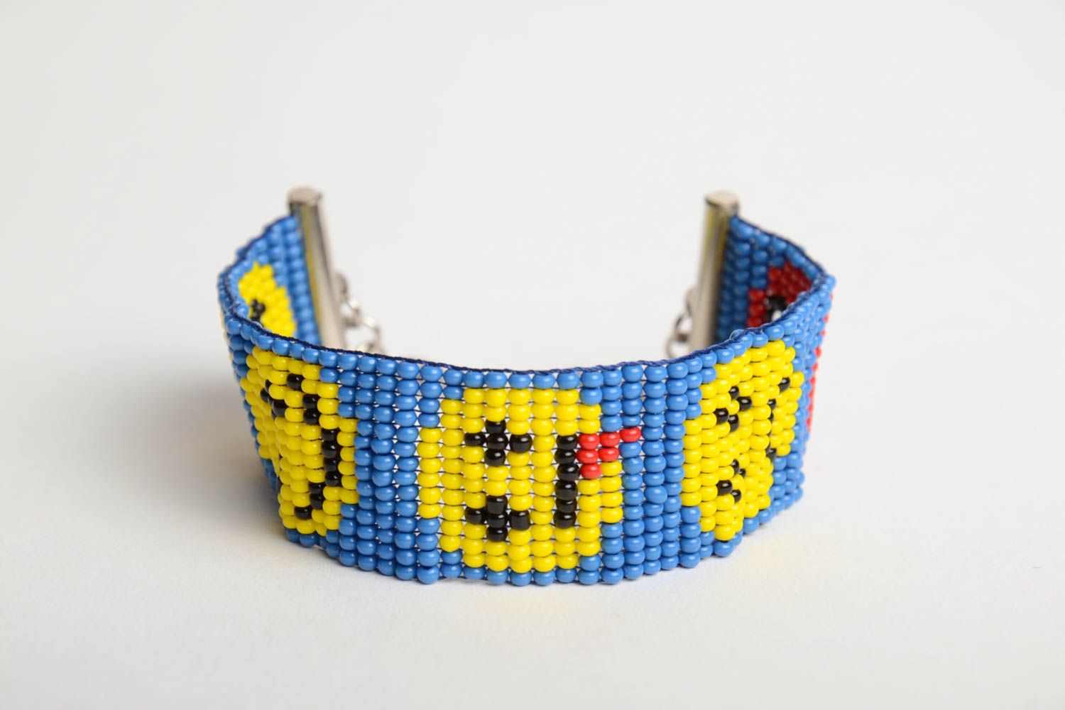 Funny colorful yellow and blue beads woven wrist chain bracelet with a smiley pattern photo 5
