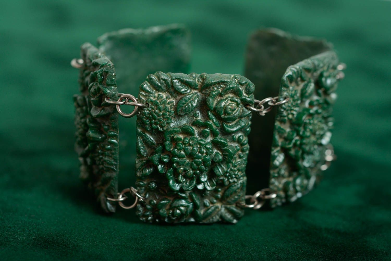 Bracelet en pâte polymère perles rectangulaires fait main vert large original photo 5
