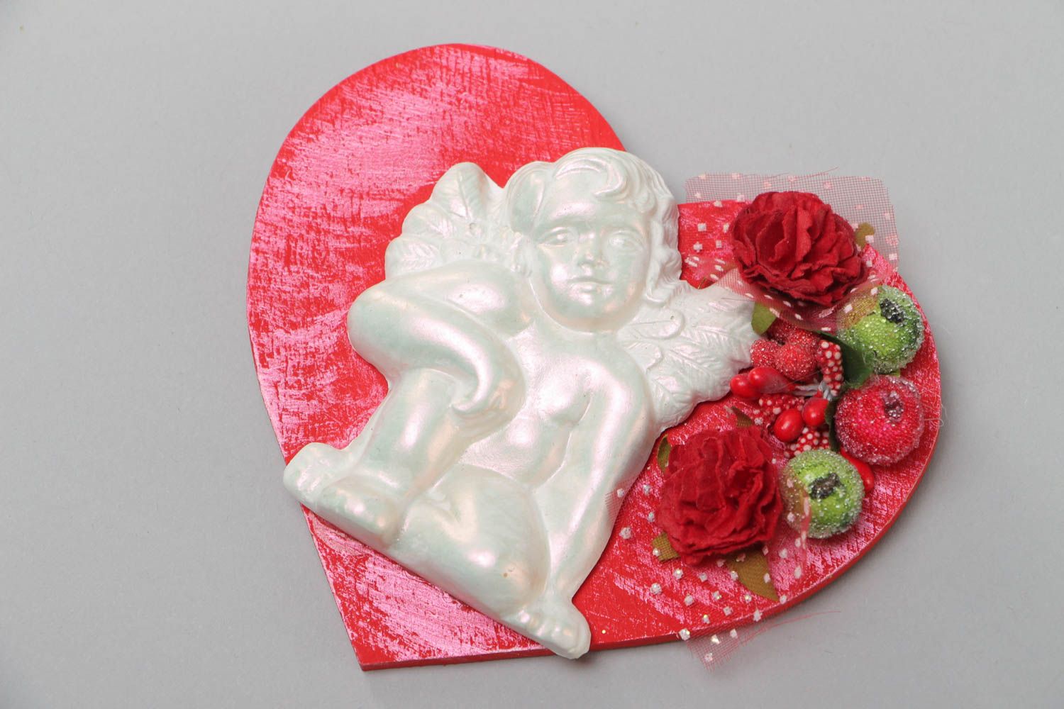 Handmade designer wooden fridge magnet in the shape of heart with plaster angel photo 2