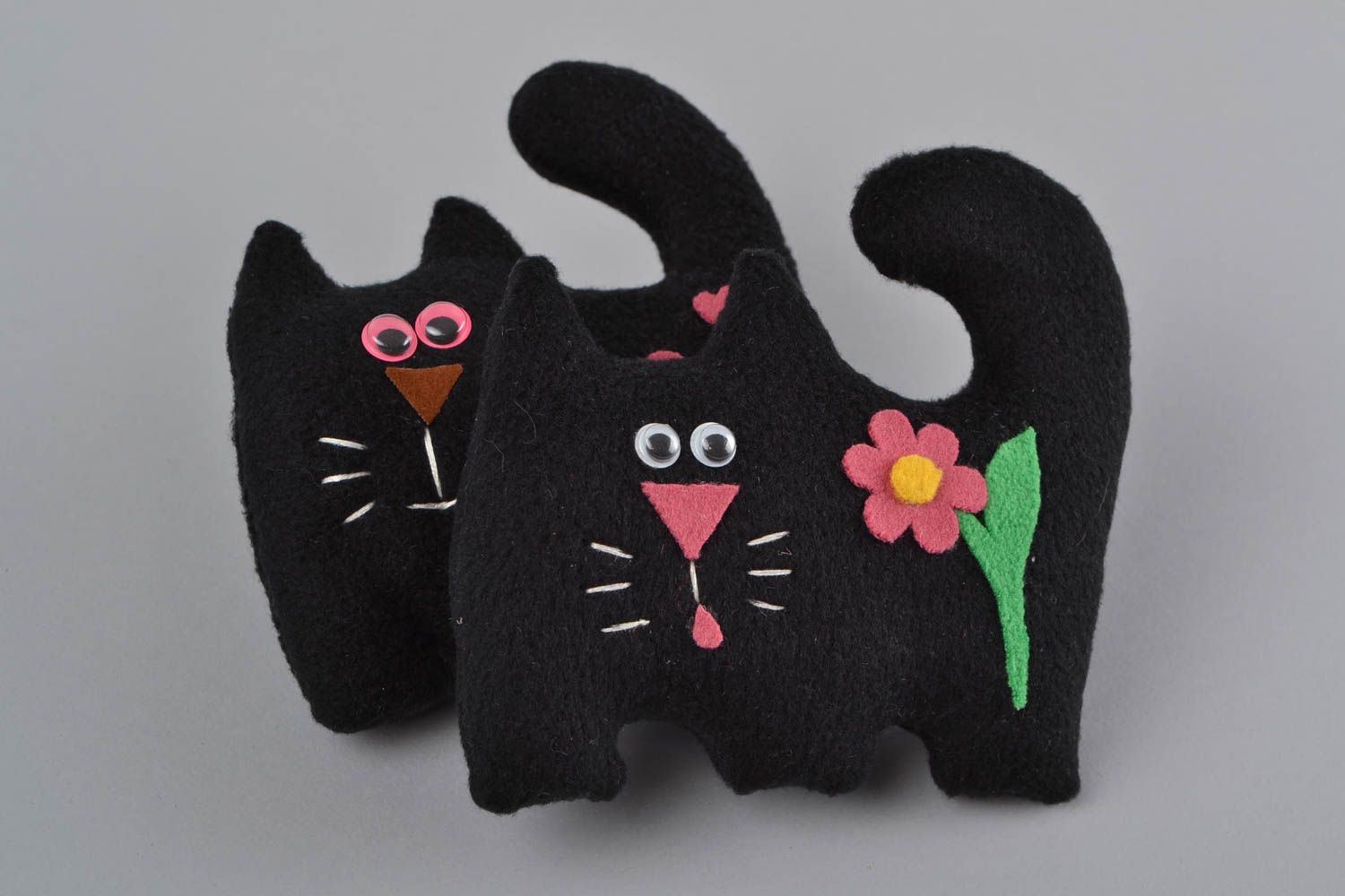 Soft toy black cat made of fabric with flower for home decor and children photo 1