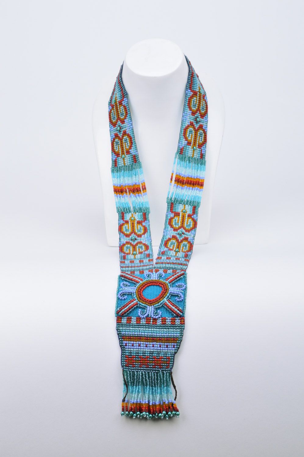 Handmade stylish beaded necklace with ethnic ornament in blue and brown colors photo 3