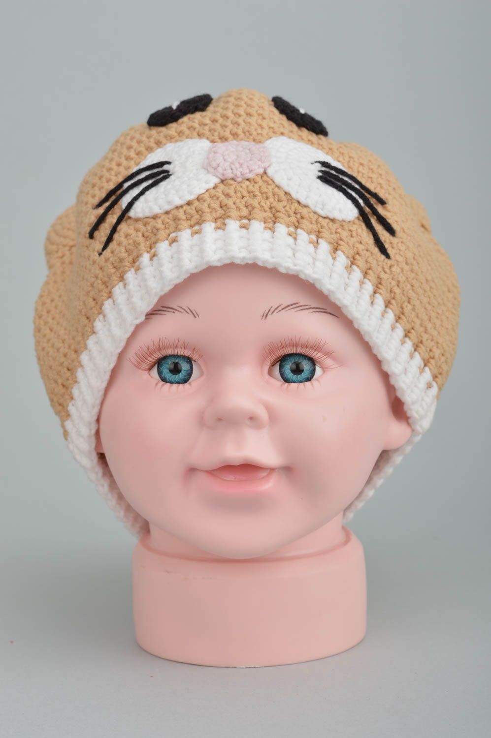 Handmade children's hat crocheted of beige cotton and woolen threads Kitten photo 3