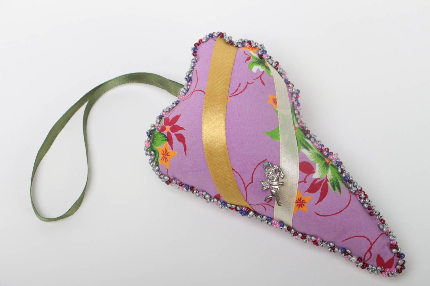 Декоративная текстильная подвеска для интерьера ручной работы Сердце розовая фото 2