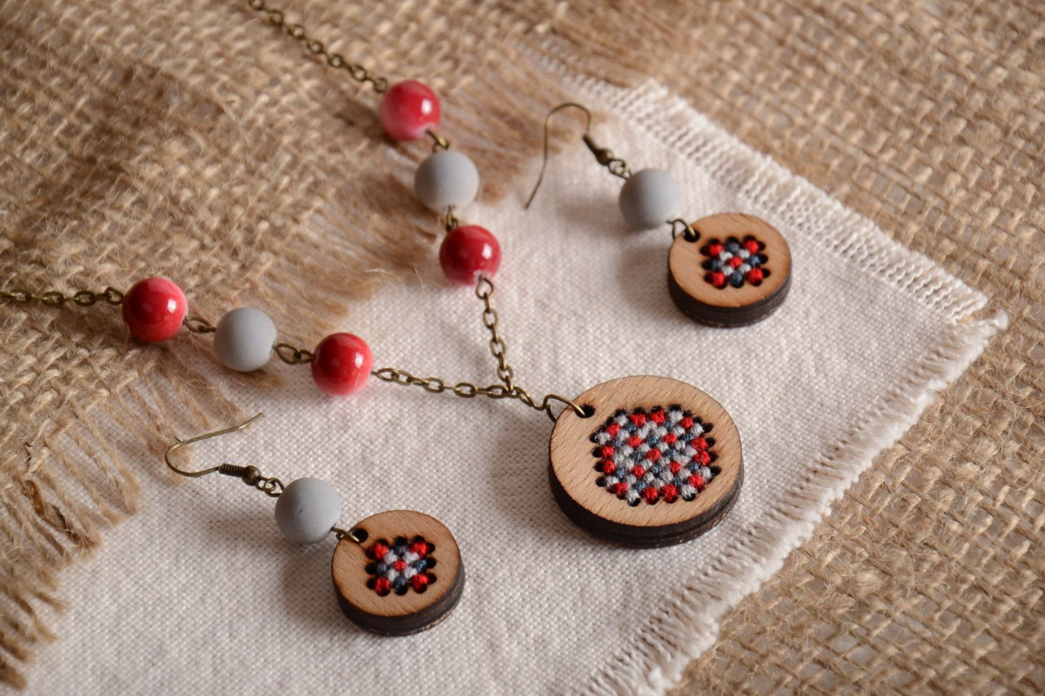 Set of handmade plywood jewelery round pendant and earrings with embroidery and beads photo 1