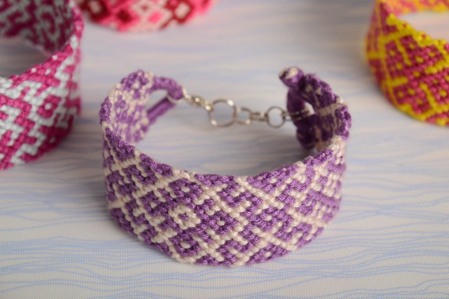 Lilac handmade bright wide wrist bracelet woven of embroidery floss photo 1