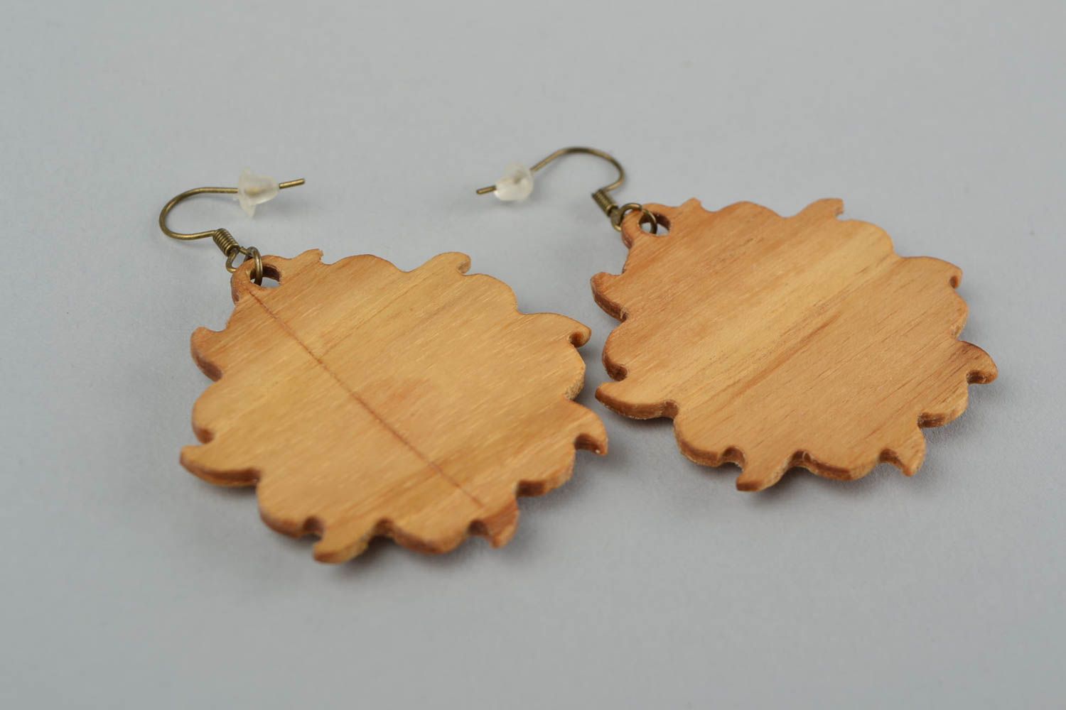 Handmade carved wooden dangle earrings with Slavic symbols  photo 5
