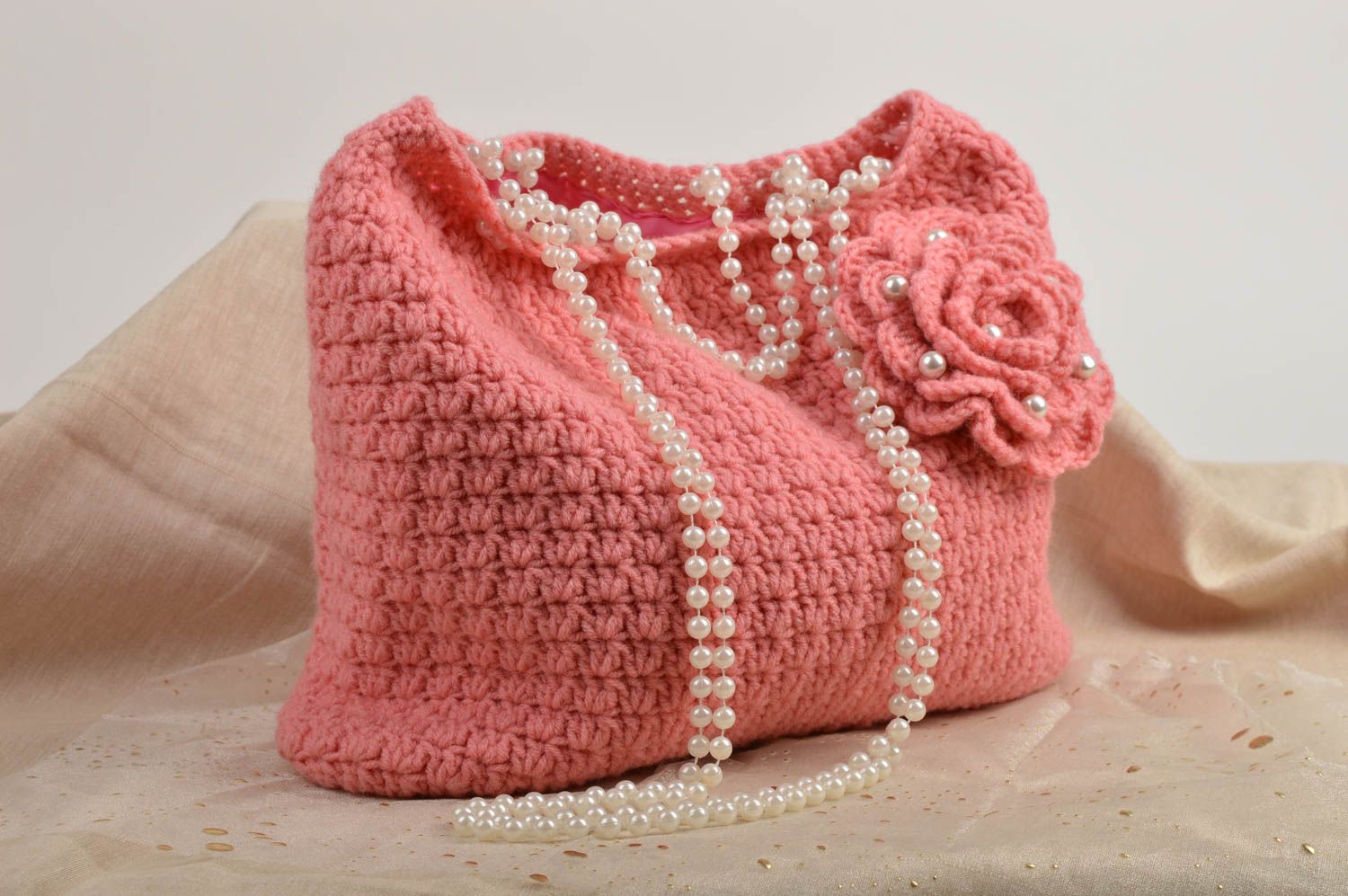 Sac à main tricoté au crochet Sac fait main rose élégant Accessoire femme photo 1