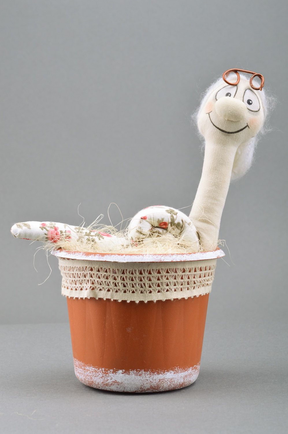 Beautiful small white handmade fabric soft toy snake in pot photo 2