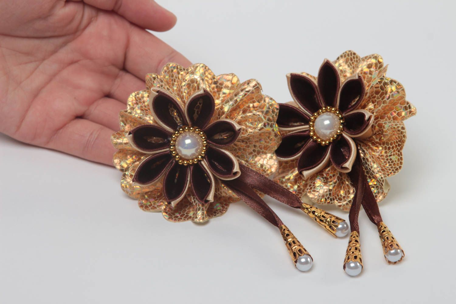 Designer jewelry handmade hair accessories set of 2 flower hair ties kanzashi photo 5