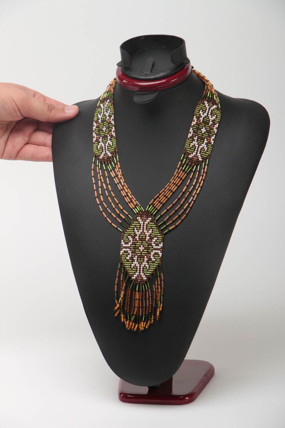 Long collier en perles de rocaille fait main marron-vert style ethnique photo 5