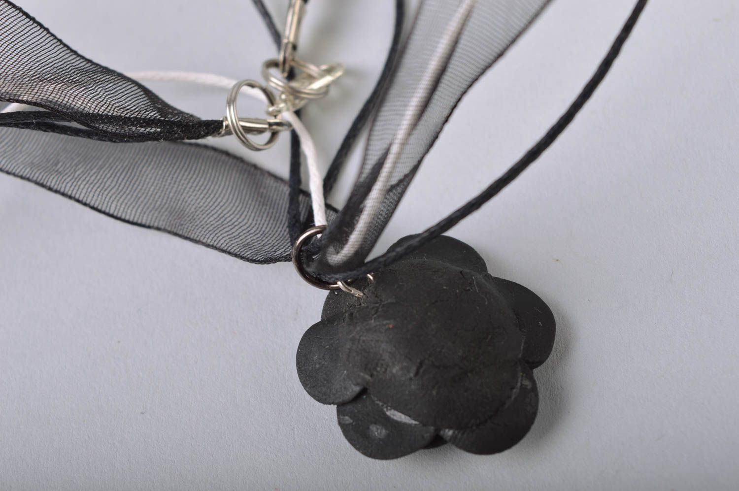 Handmade pendant with flower made of cold porcelain black accessory photo 5