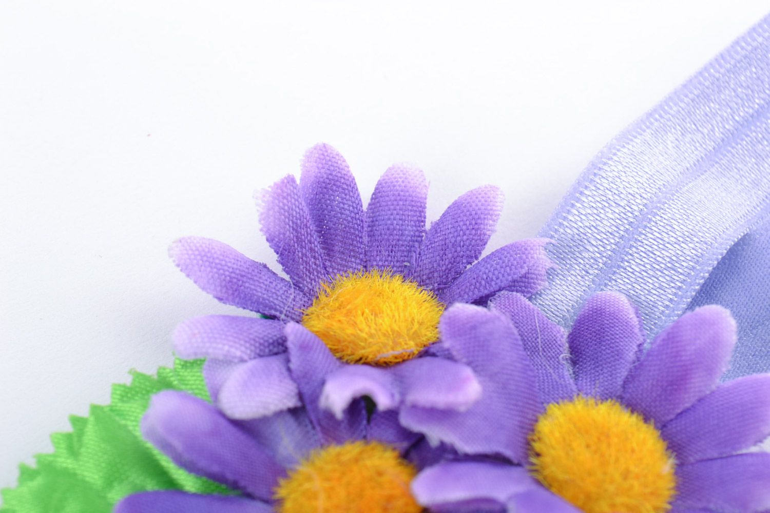Handmade child's stretch headband with floral composition in lilac color palette photo 3