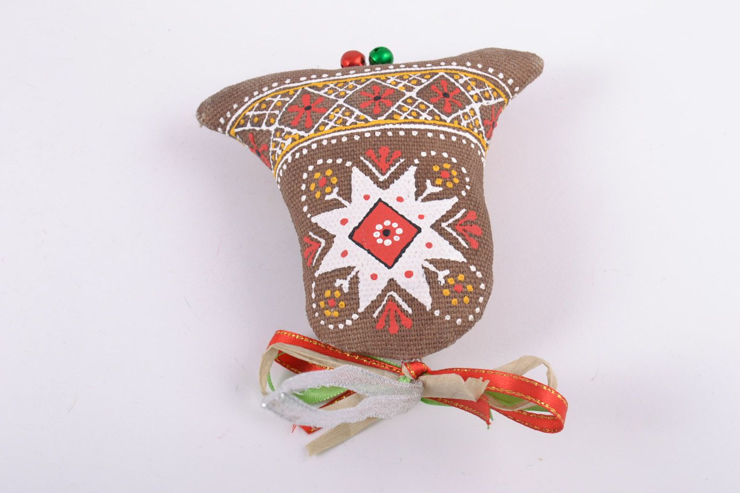 Homemade decorative fragrant soft bell sewn of fabric and painted with ornaments photo 4