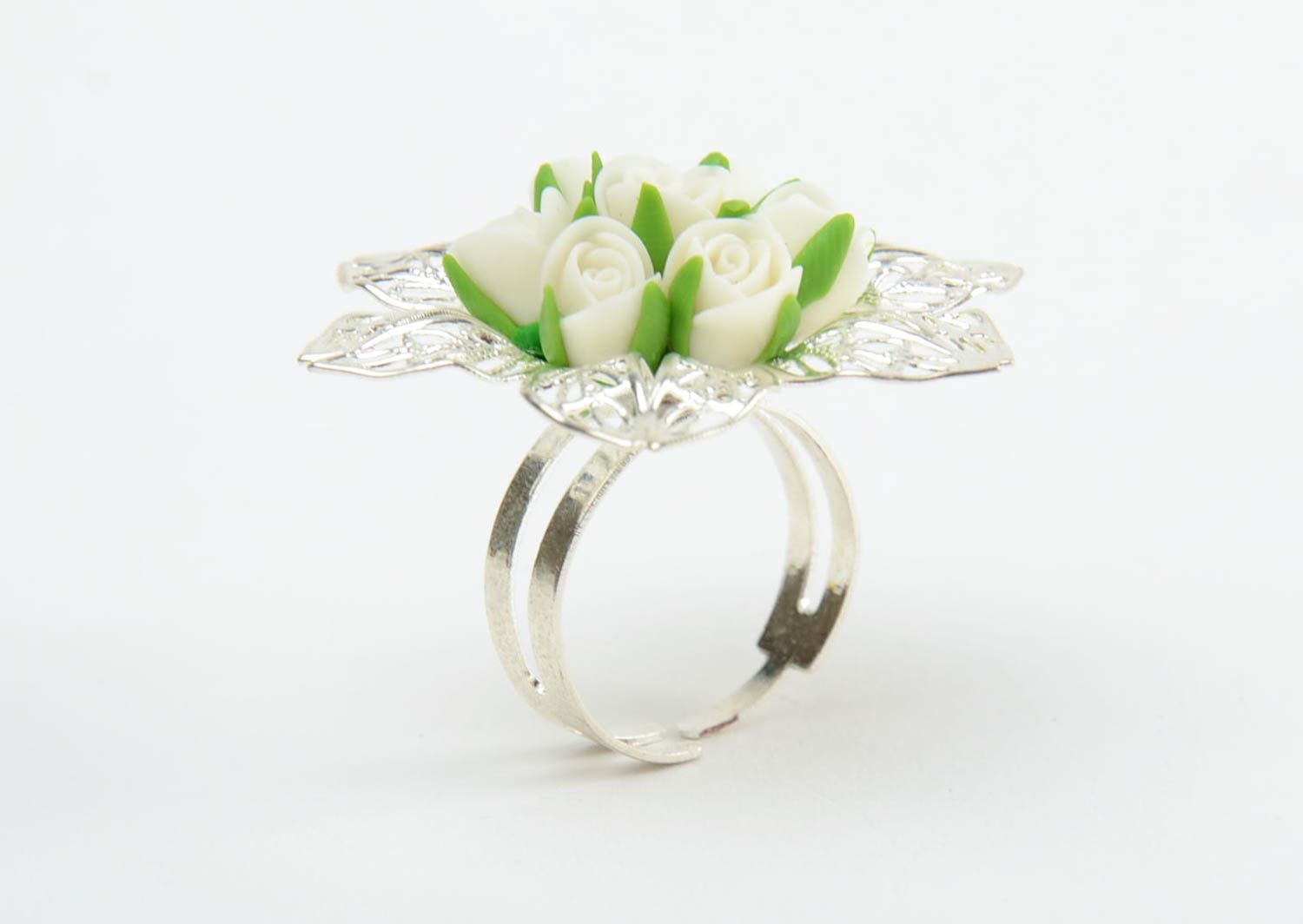 Handmade metal jewelry ring with large volume cold porcelain white rose flowers photo 4