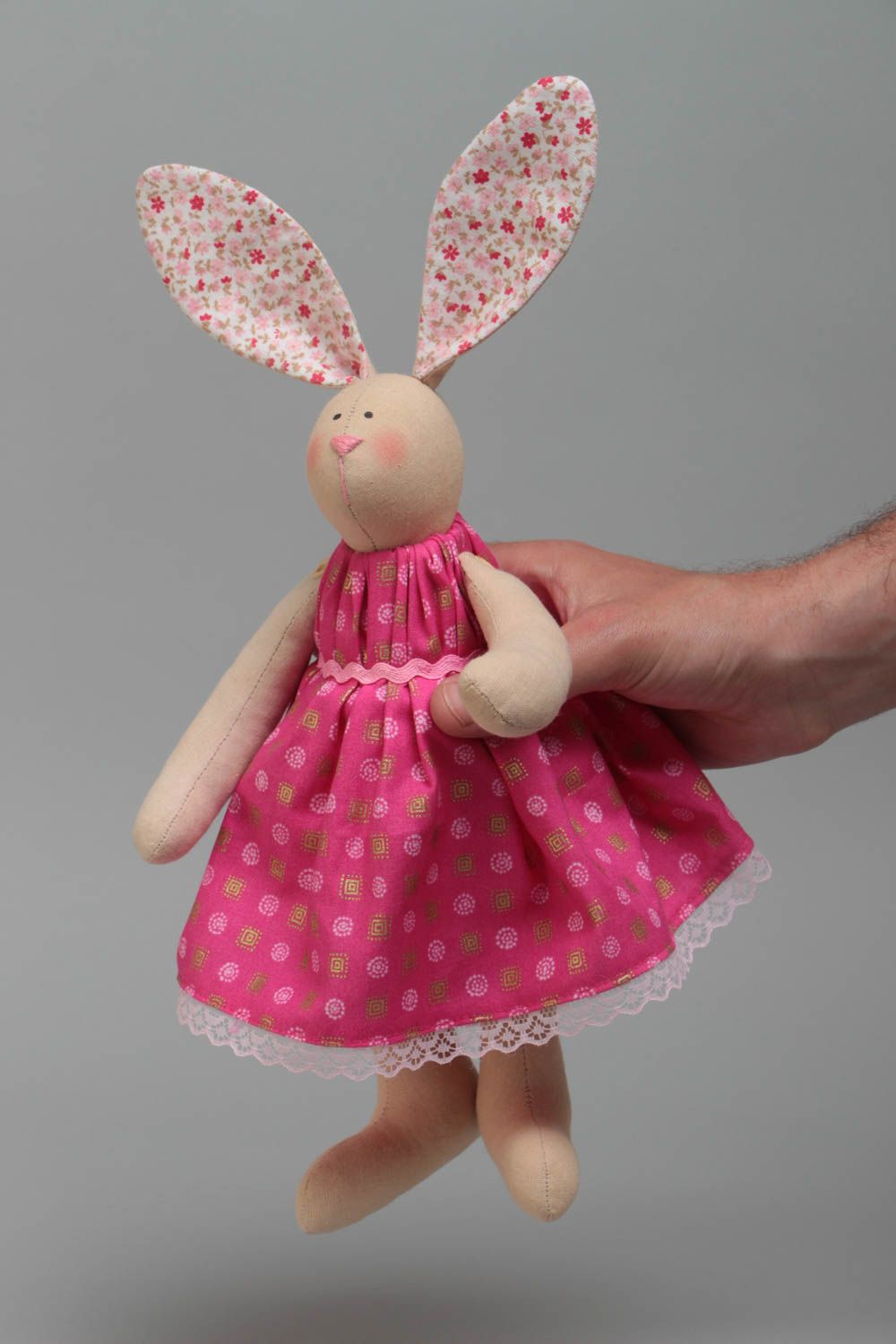 Designer handmade cotton fabric soft toy rabbit girl with long ears in dress photo 5