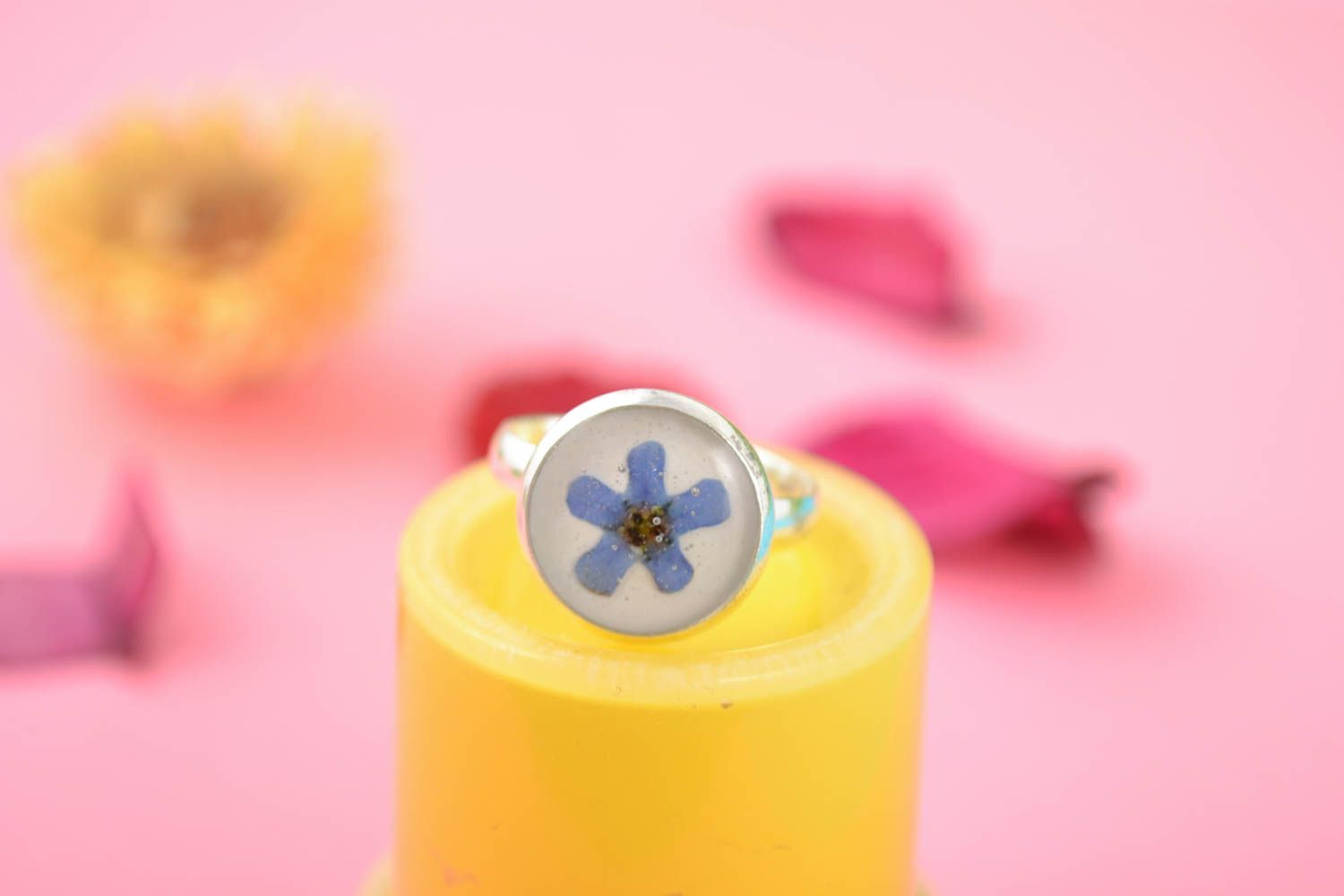 Handmade tender neat metal jewelry ring with blue flower in epoxy resin photo 1