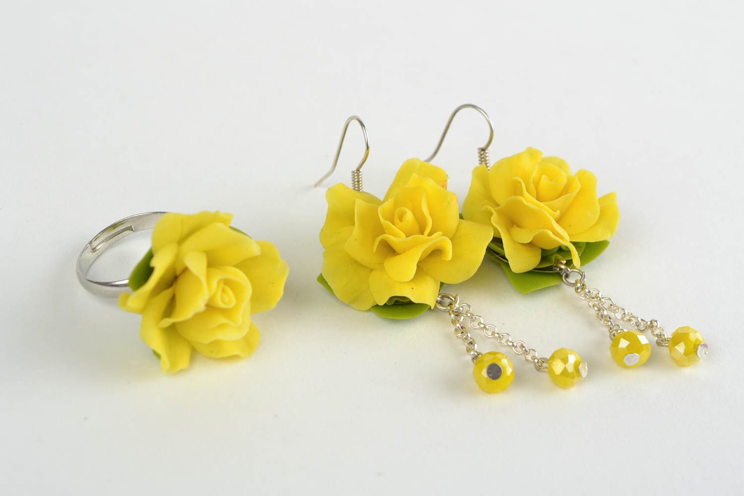 Set of handmade jewelry molded of cold porcelain earrings and ring Yellow Roses photo 2