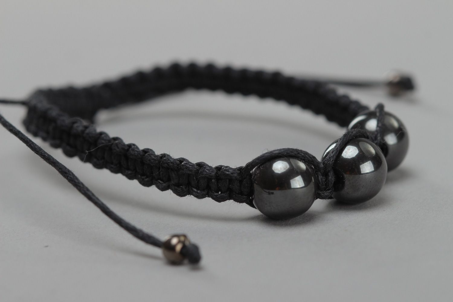 Handmade black friendship bracelet with waxed cord and hematite beads for women  photo 3