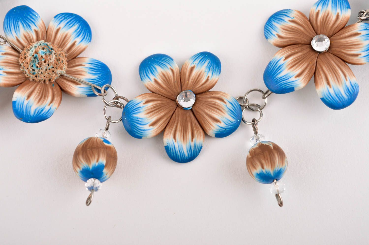 Колье ручной работы украшение на шею коричнево синие цветы элитная бижутерия фото 3
