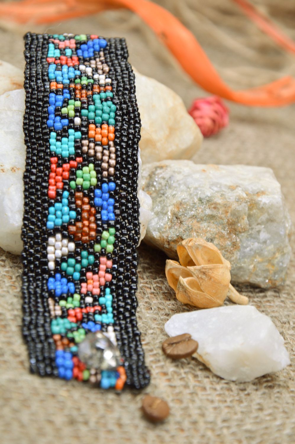 Handmade broad wrist bracelet woven of black and colorful beads for women  photo 1
