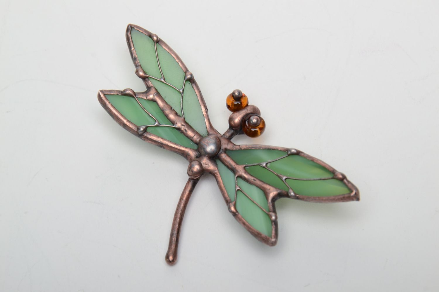 Stained glass brooch Green Dragonfly photo 3