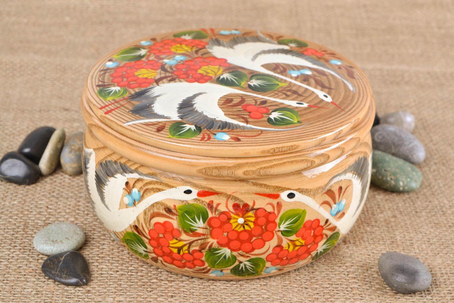 Boîte décorative en bois faite main originale ronde peinture de Petrykivka photo 1