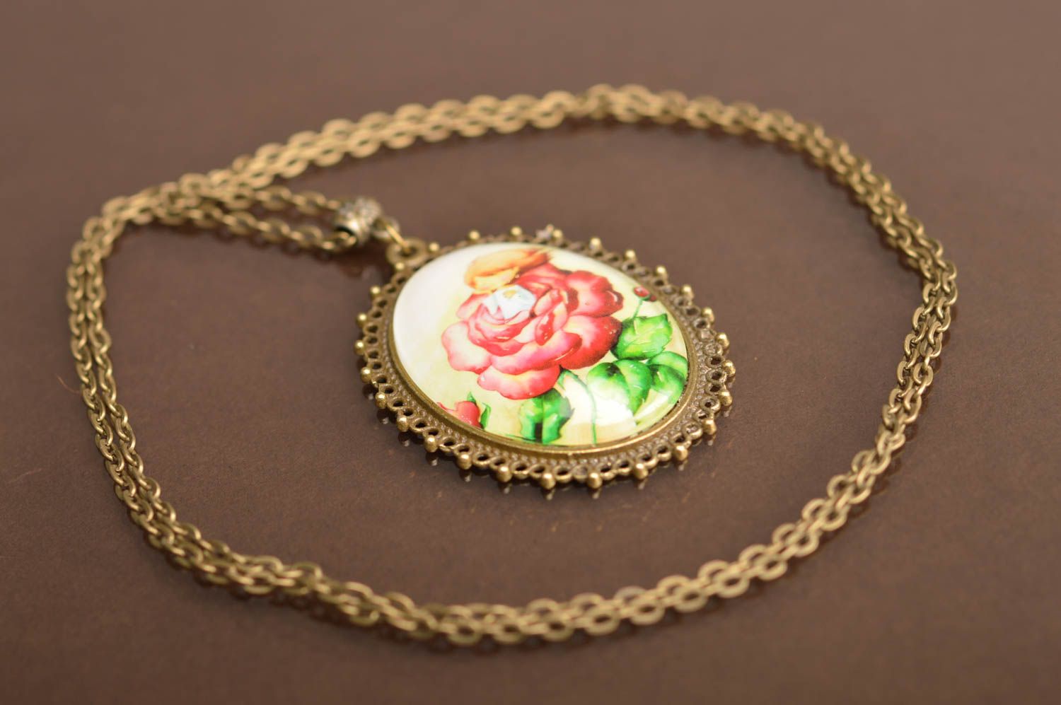 Beautiful handmade designer oval metal neck pendant with cabochon Girl on Rose photo 3