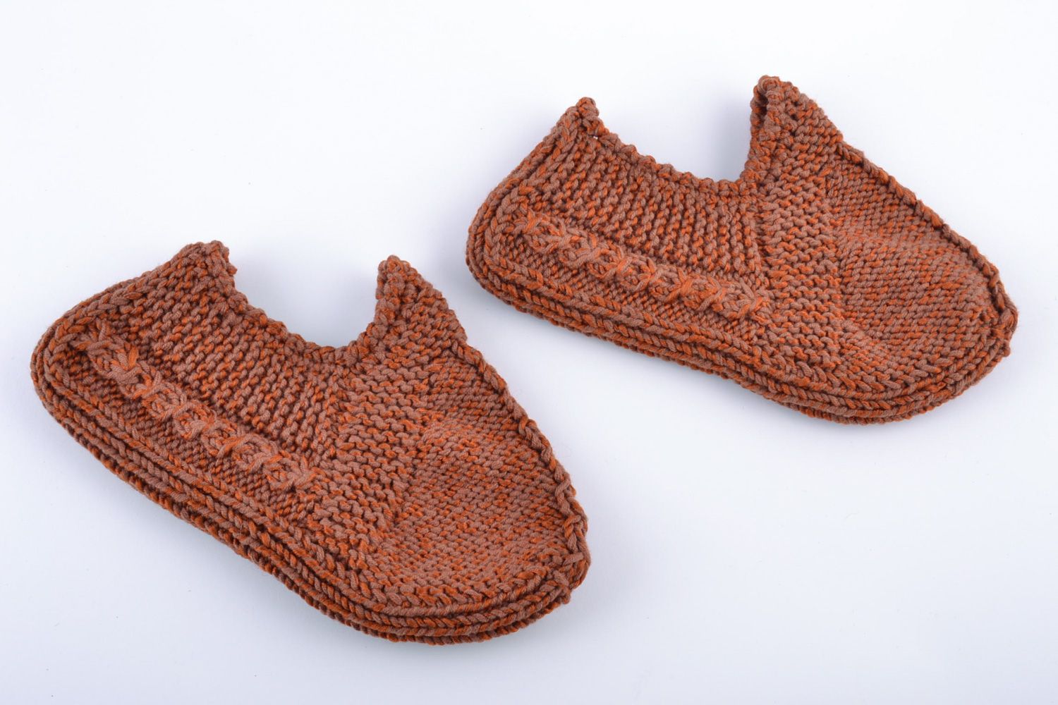 Beautiful warm handmade knitted half-woolen slippers of brown color photo 3