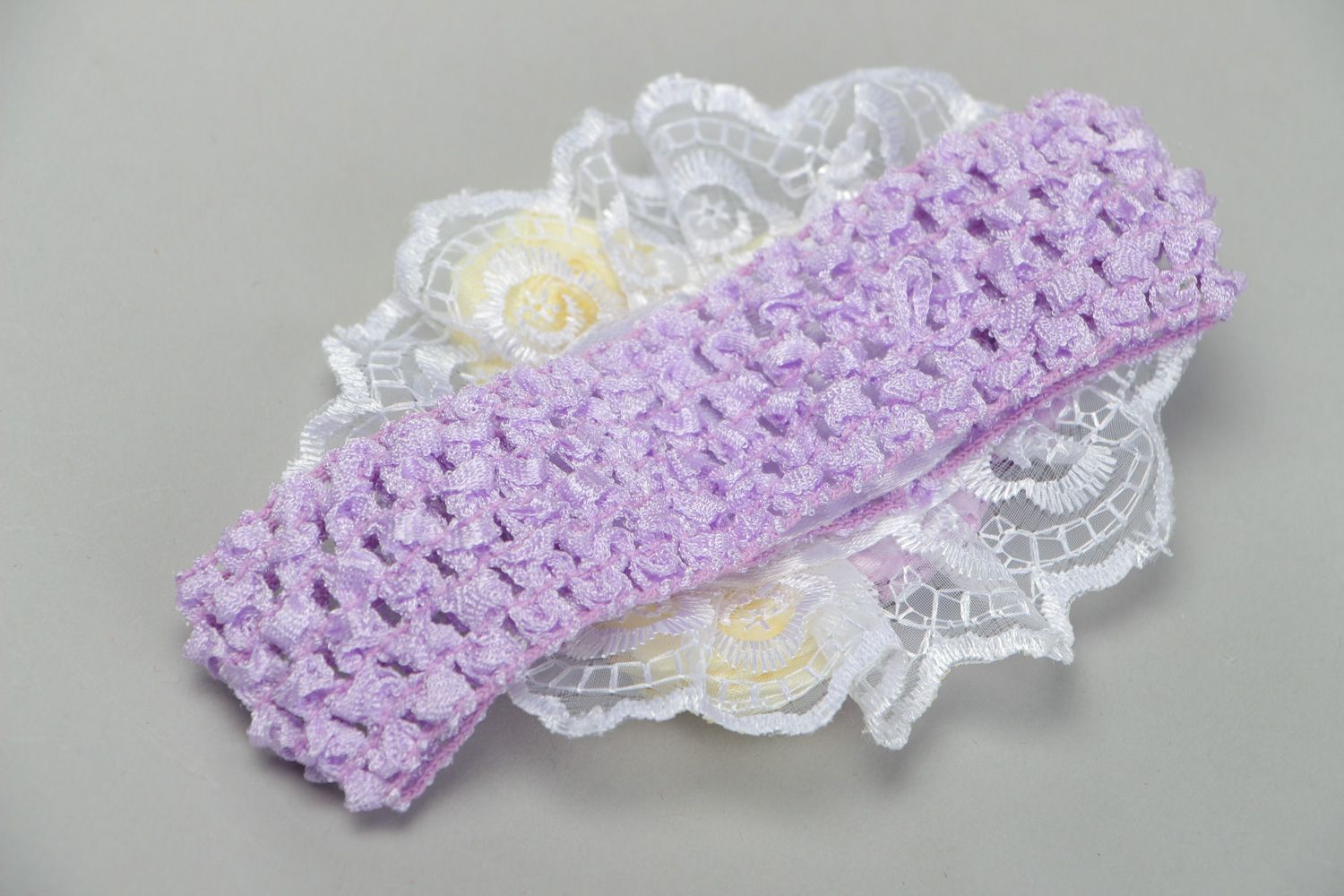 Stylish handmade headband with satin ribbon flowers in tender violet color palette photo 3
