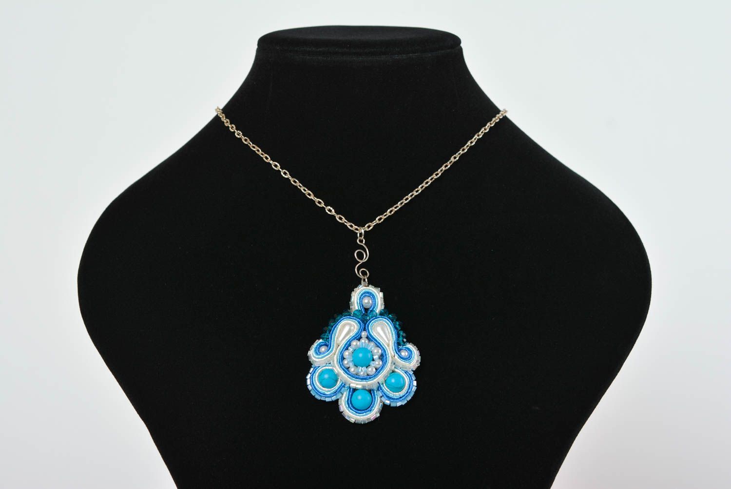 Soutache necklace handmade pendant evening accessories with natural stones photo 1