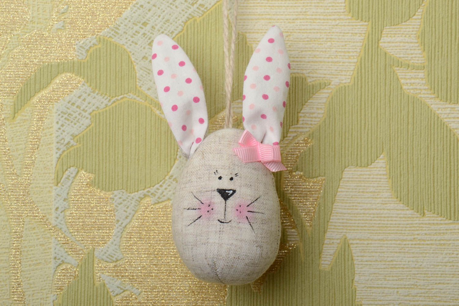 Small handmade wall hanging cotton fabric soft toy rabbit with pink bow  photo 1