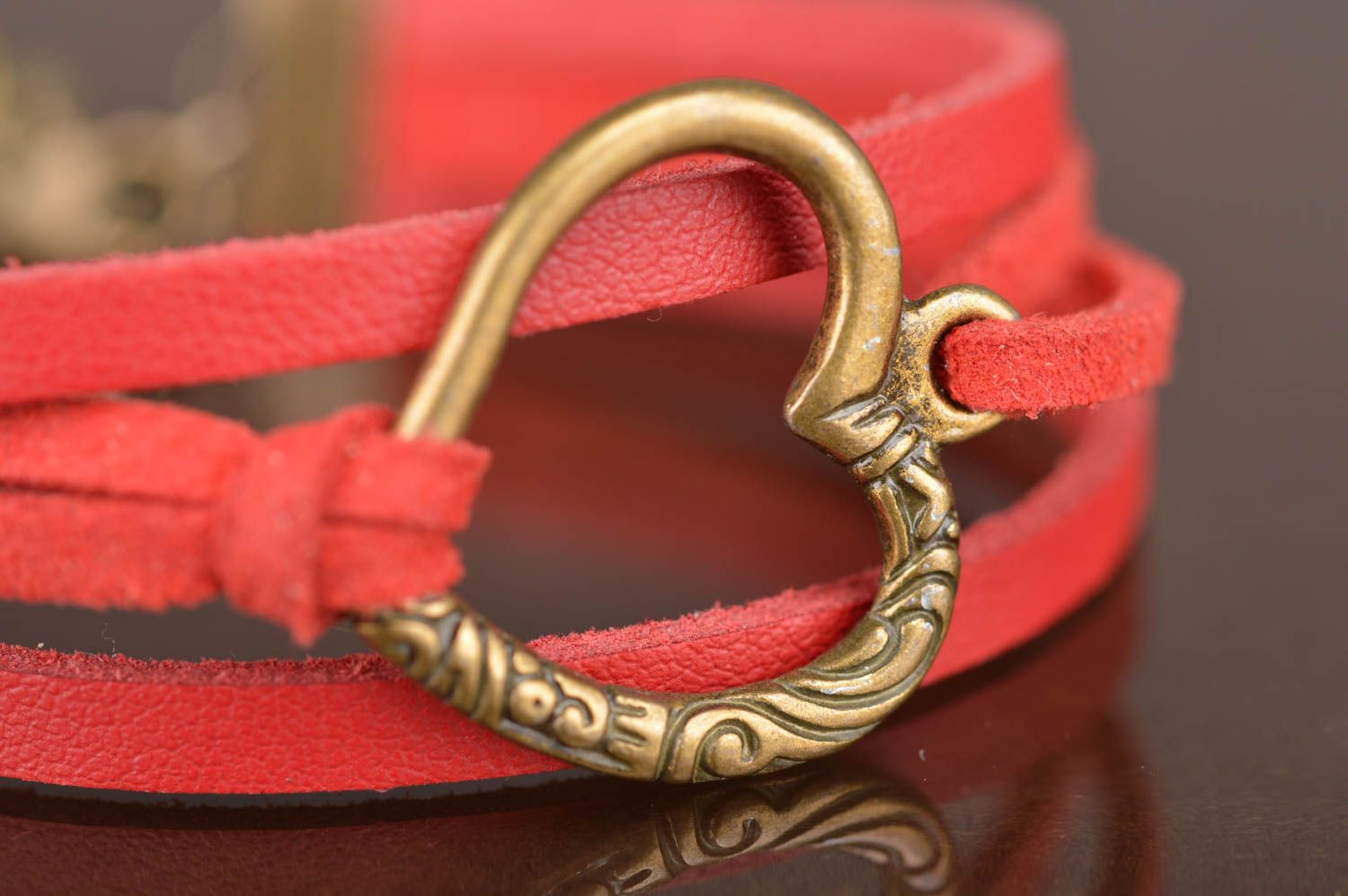 Beautiful women's handmade red leather bracelet with metal heart shaped  charm