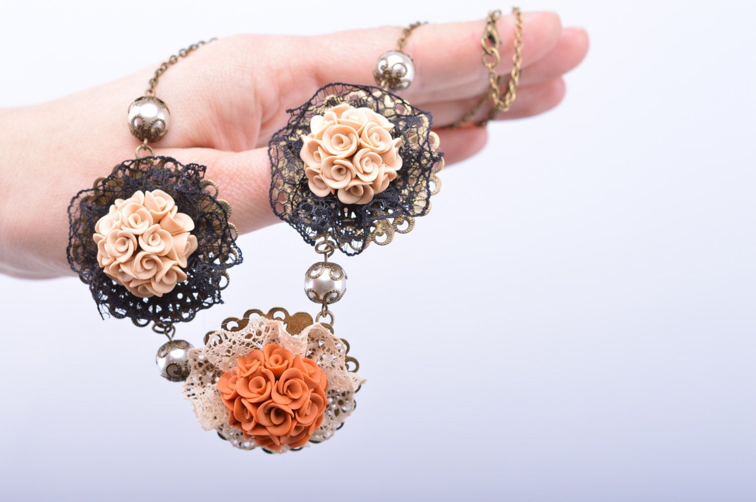 Handmade volume polymer clay flower necklace with lace and beads in antique style photo 5