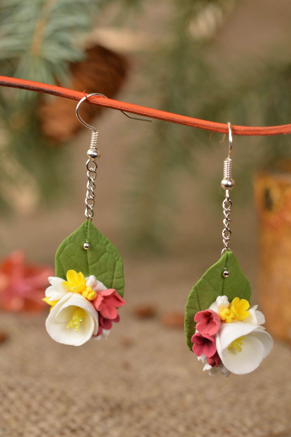 Beautiful homemade women's designer flower earrings molded of clay Leaves photo 1