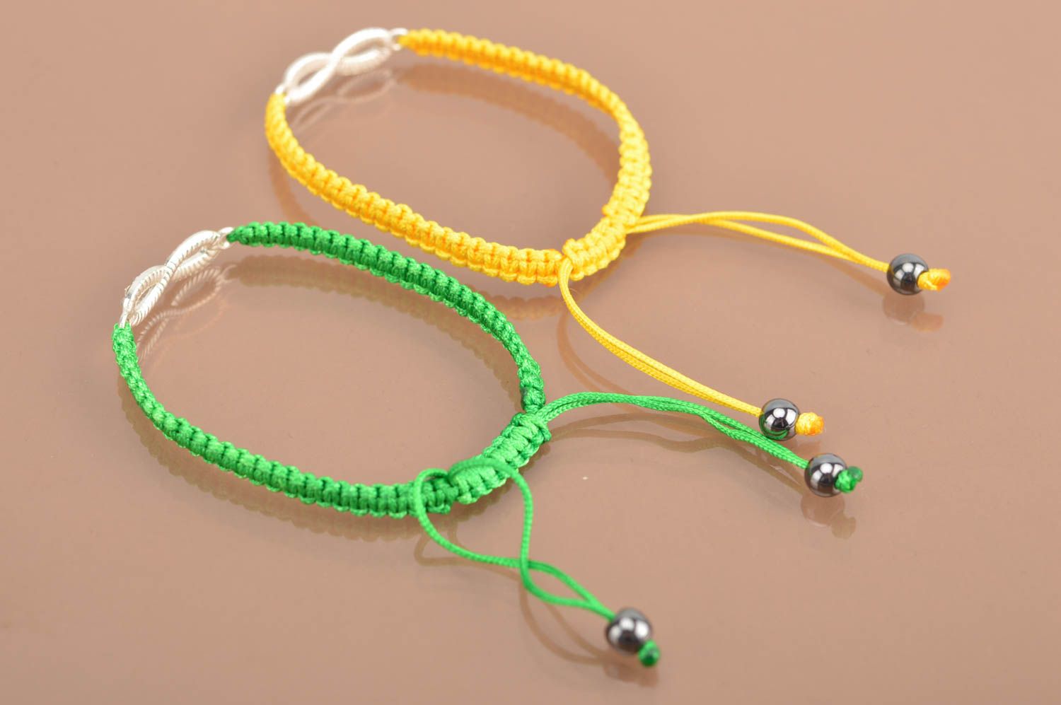 Set of handmade bracelets made of threads yellow and green 2 pieces for girls photo 5