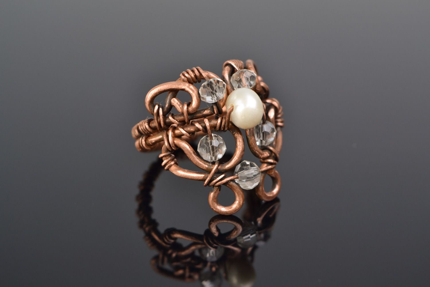 Handmade wire wrap copper ring with natural pearl and Czech crystal for women photo 1