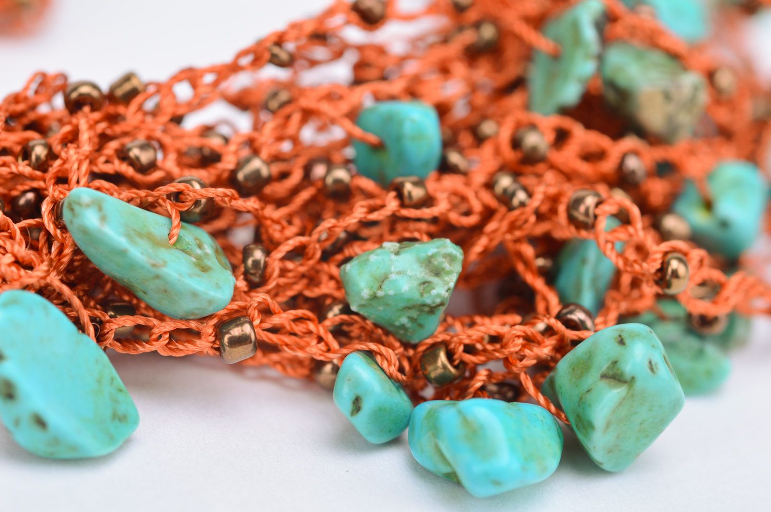 Handmade massive multi row necklace woven of Czech beads and turquoise beads photo 4